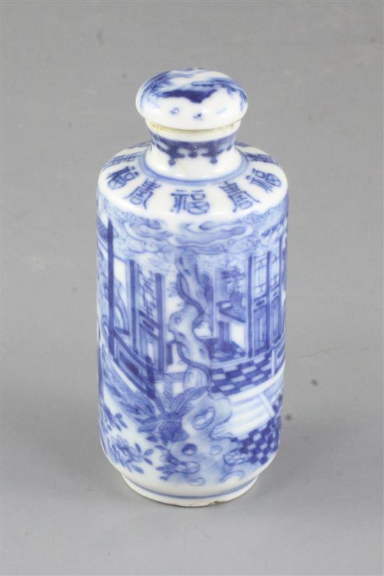 A Chinese blue and white snuff bottle and stopper, 19th century, 8cm including stopper, fault to foot